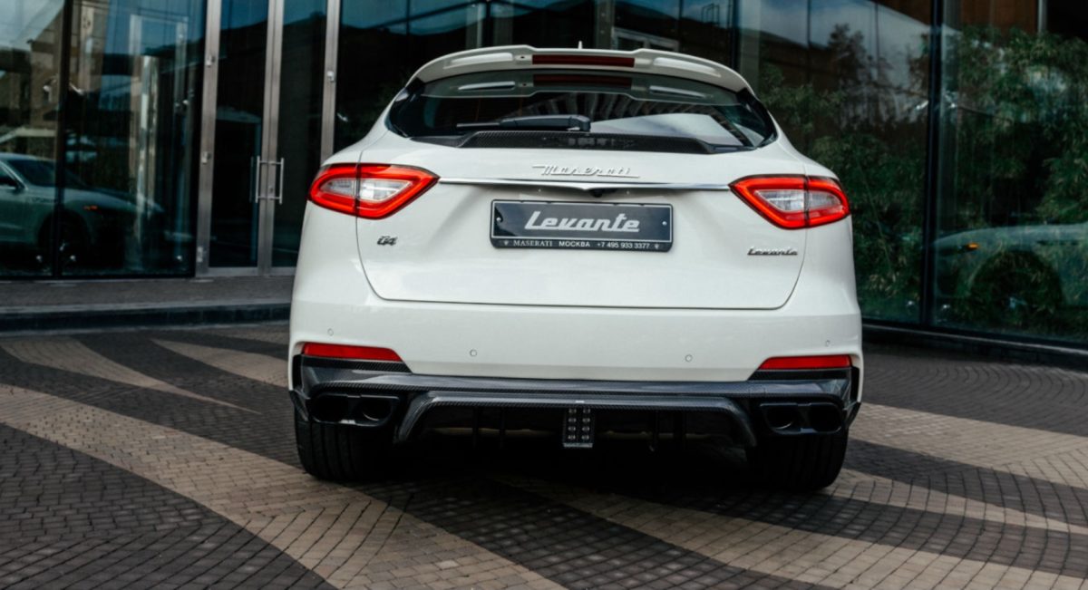 White Maserati Levante by Larte rear view